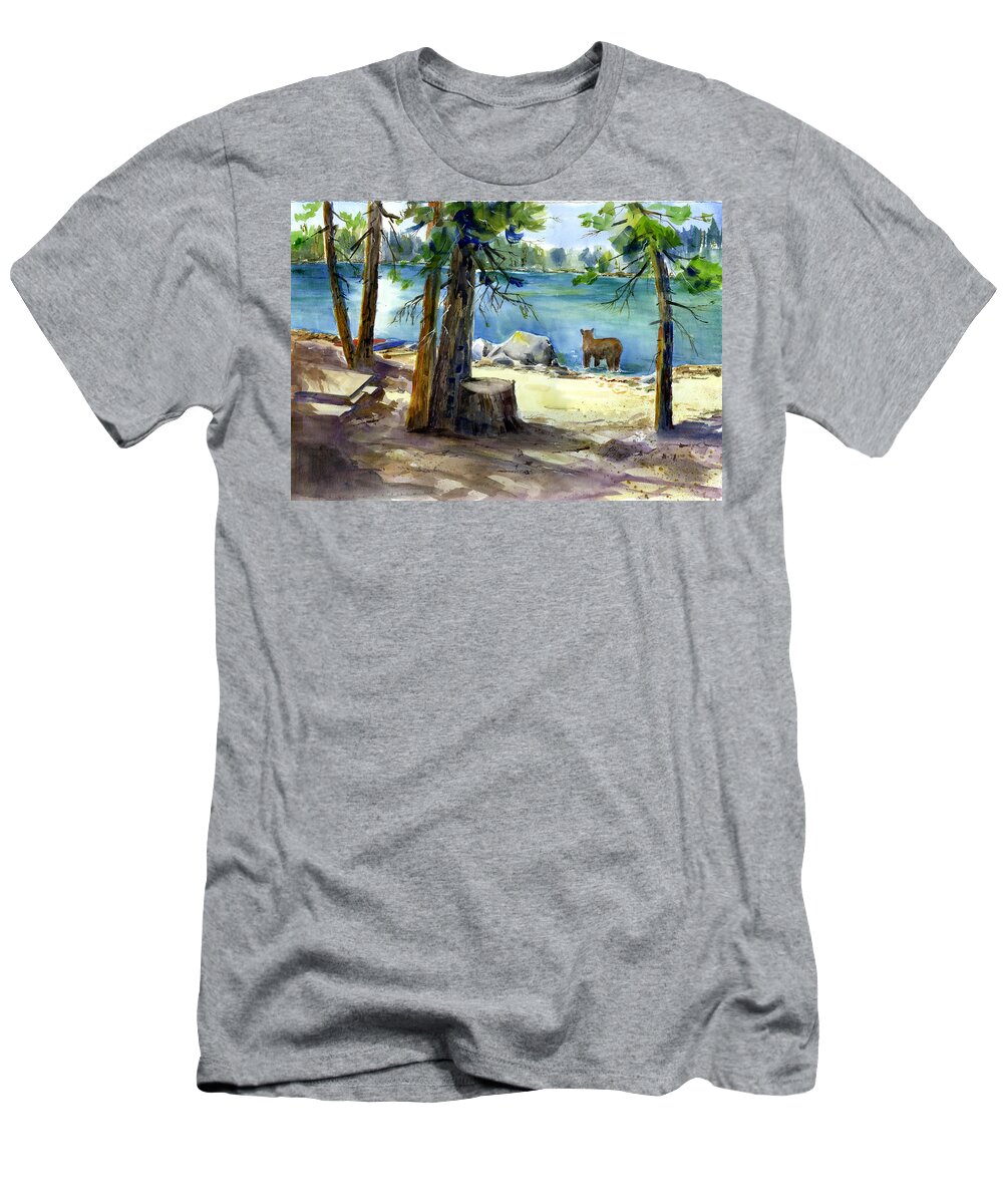 Always On The Lookout For A Bear. Here Is One At Lake Valley Enjoying The Lake That I Like To Kayak In. T-Shirt featuring the painting Lake Valley Bear by Joan Chlarson