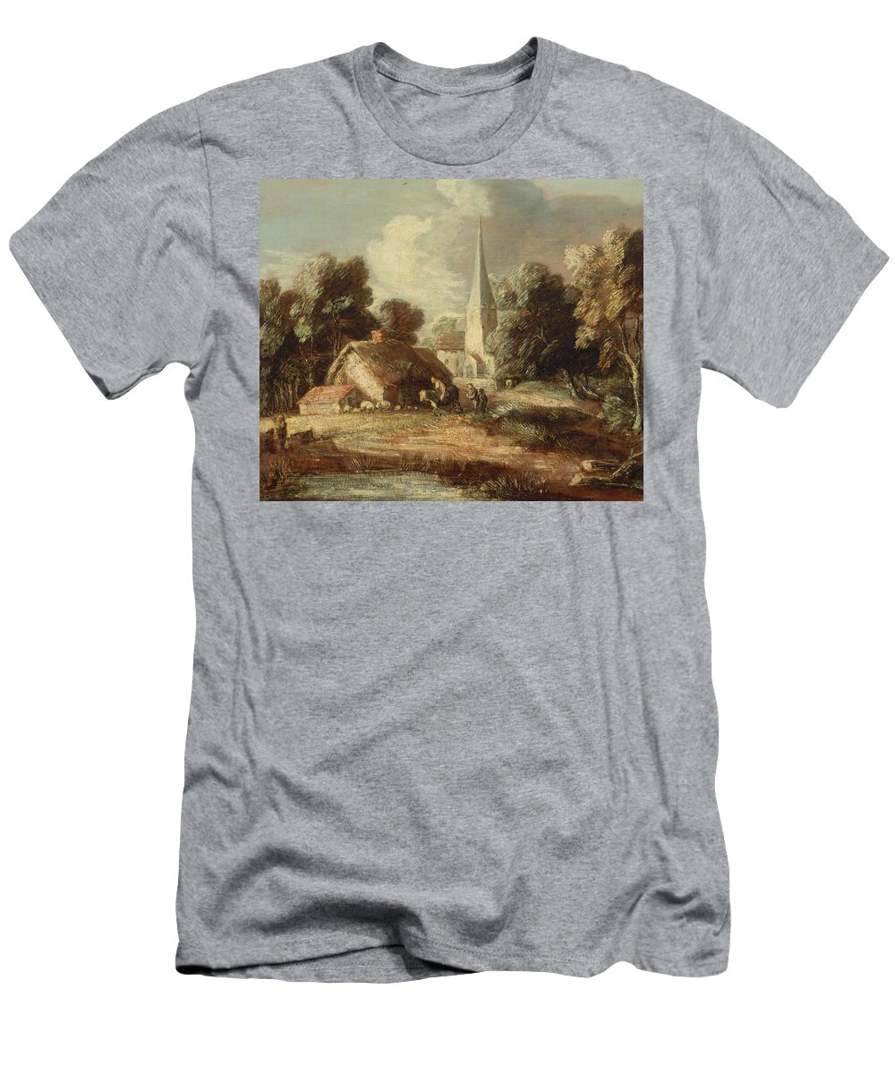 18th Century Art T-Shirt featuring the painting Landscape with cottage and church by Thomas Gainsborough