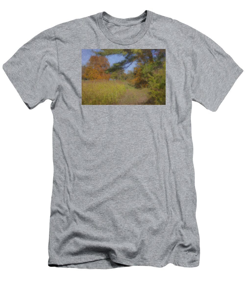 Langwater Farm T-Shirt featuring the painting Langwater Farm Tractor Path by Bill McEntee