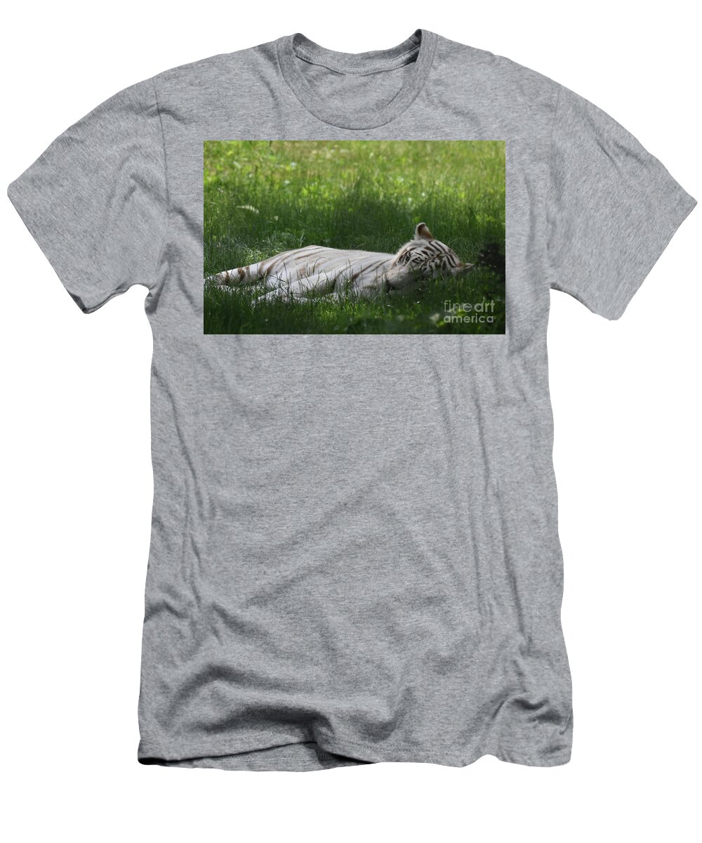 Tiger T-Shirt featuring the photograph Large White Bengal Tiger Laying in the Grass by DejaVu Designs