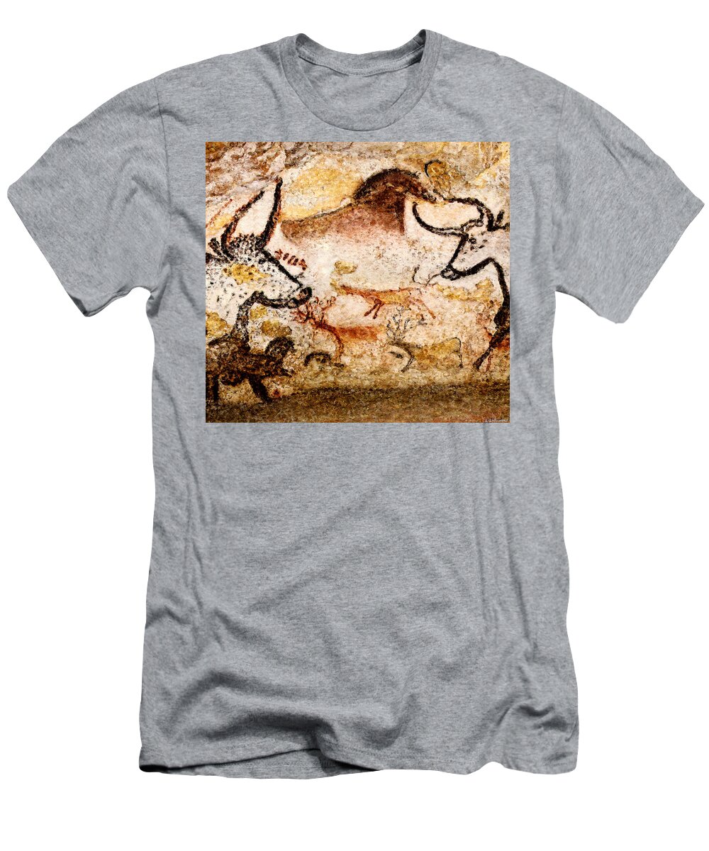 Lascaux T-Shirt featuring the digital art Lascaux Hall of the Bulls - Deer between Aurochs by Weston Westmoreland