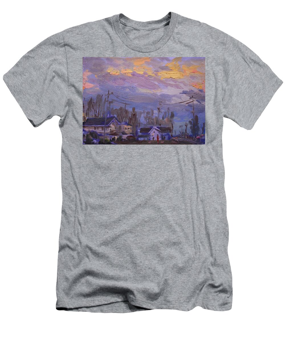 Late Evening T-Shirt featuring the painting Late Evening in Town by Ylli Haruni