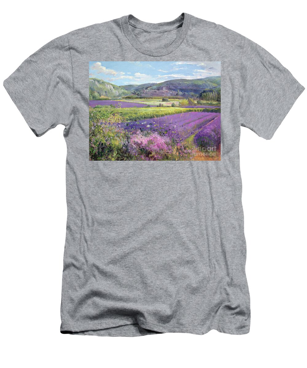 Field; South Of France; French Landscape; Hills; Hill; Landscape; Flower; Flowers T-Shirt featuring the painting Lavender Fields in Old Provence by Timothy Easton