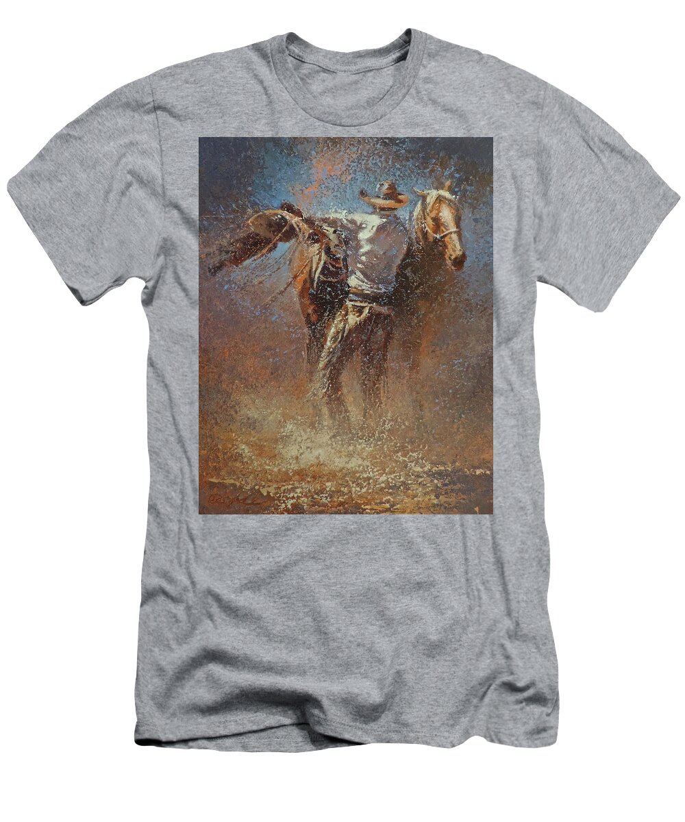 Cowboy T-Shirt featuring the painting Leather and Sweat by Mia DeLode