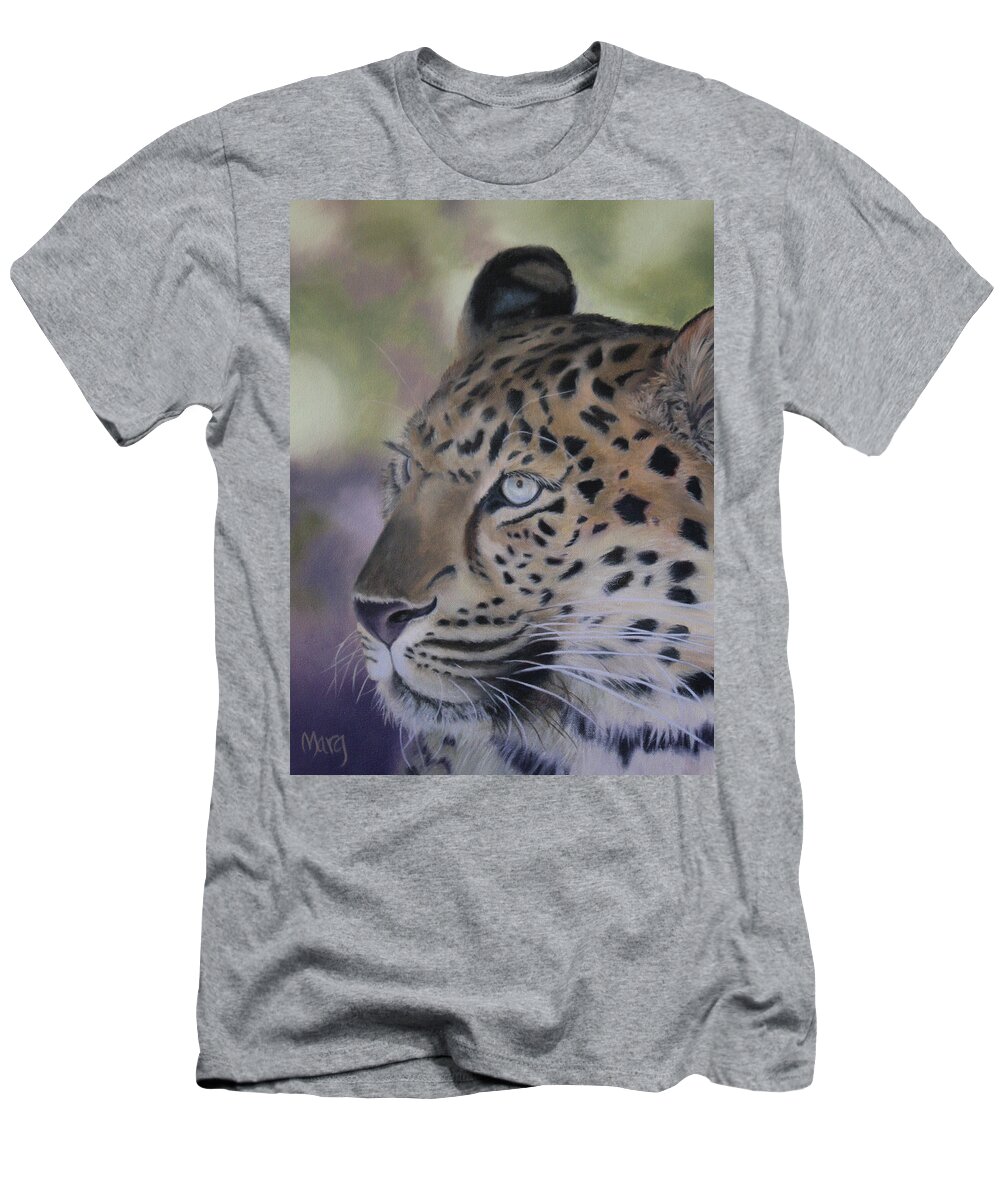Leopard; Contemplation; Wild Animal; Spots T-Shirt featuring the painting Leopard by Marg Wolf