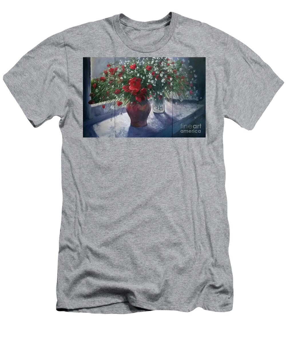 Remembrance T-Shirt featuring the painting Lest we Forget...triptych by Lizzy Forrester