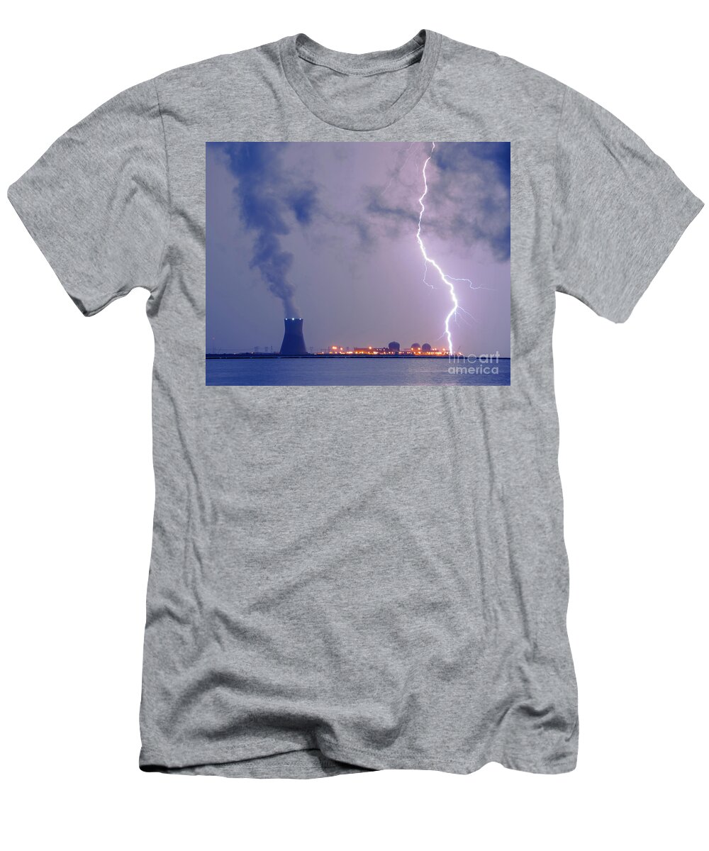 Clouds T-Shirt featuring the photograph Lightning and Salem Power Plant 2 Landscape Photo by PIPA Fine Art - Simply Solid