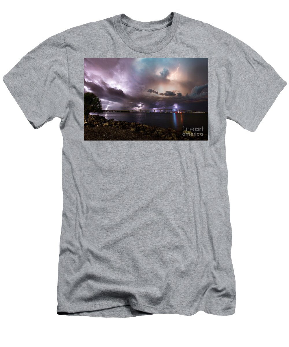Sanibel T-Shirt featuring the photograph Lightning over the Sanibel Bridge by Jon Neidert