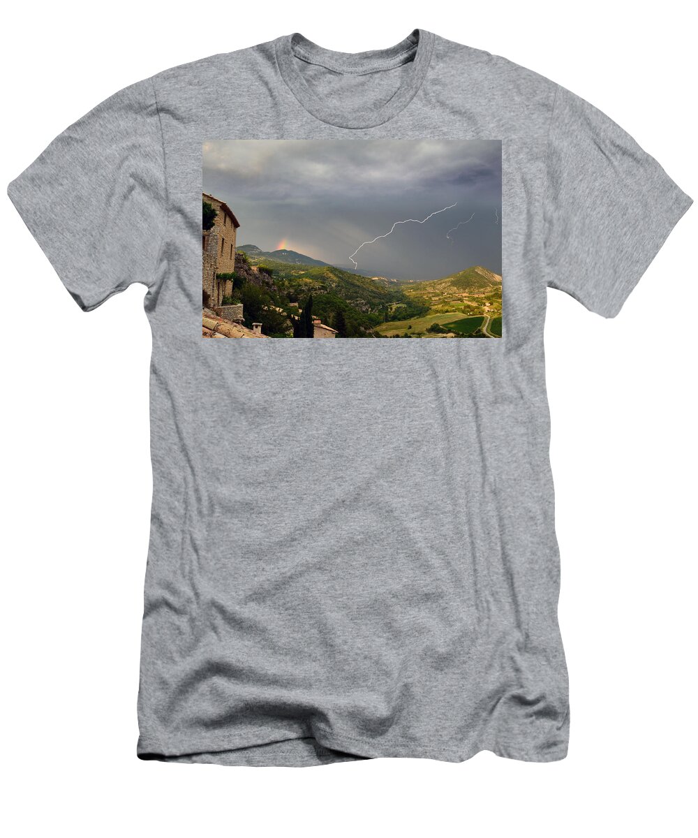 Lightning T-Shirt featuring the photograph Lightning Rainbow Vercoiran France by Lawrence Knutsson