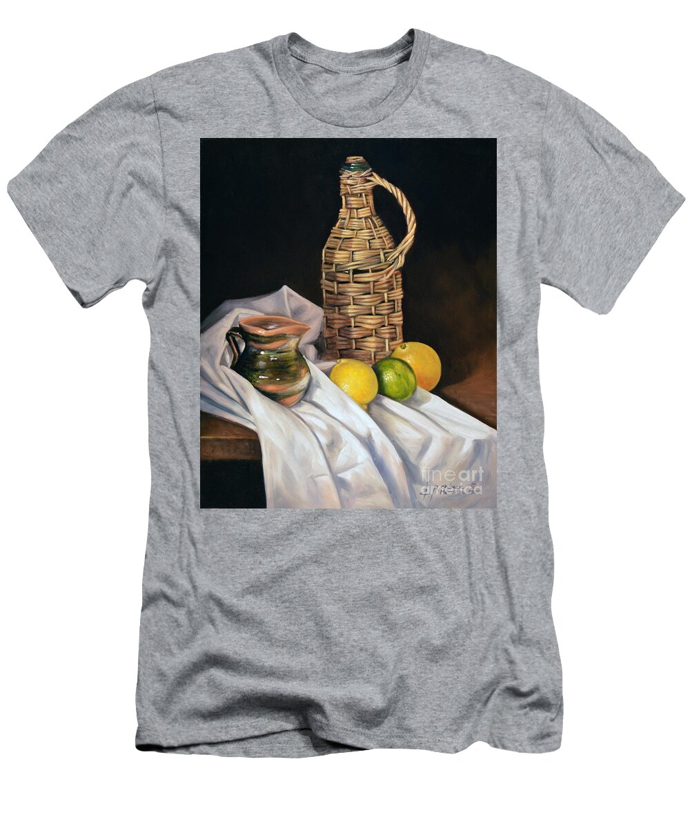 Wicker-bottle T-Shirt featuring the painting Little Green Jug by Ricardo Chavez-Mendez