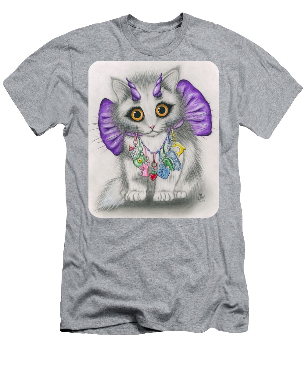 Cute Kitten T-Shirt featuring the mixed media Little Purple Horns - 1980s Cute Devil Kitten by Carrie Hawks