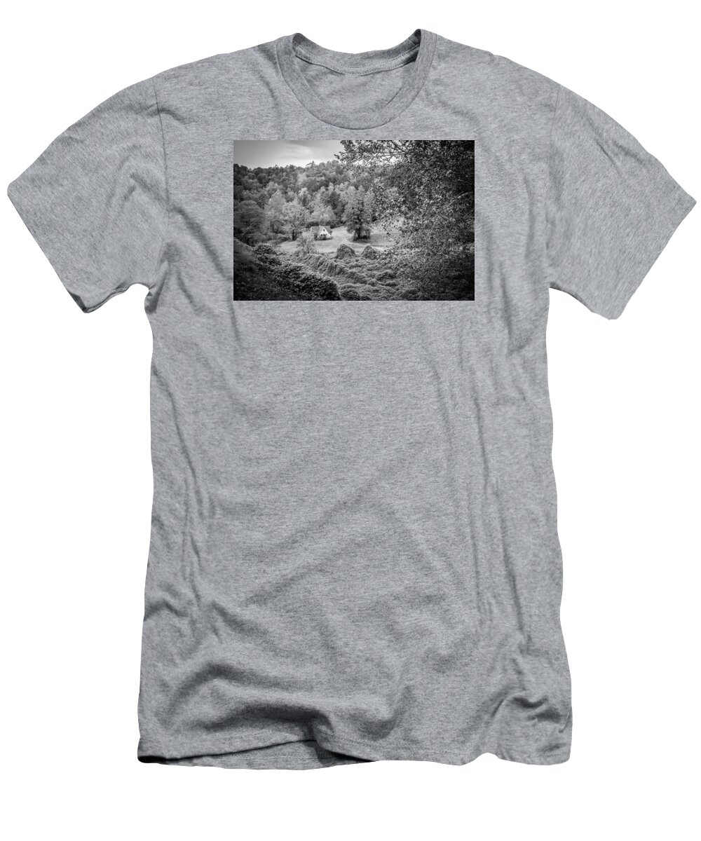 Kelly Hazel T-Shirt featuring the photograph Little Victorian Farm House in a Mountain Field by Kelly Hazel