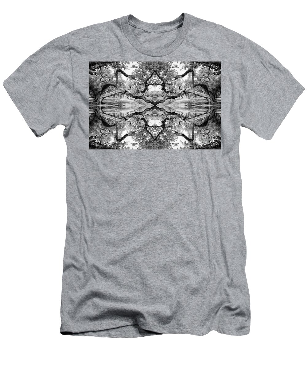 Liesl Walsh T-Shirt featuring the photograph Live Oak Kaleidoscope, Black and White by Liesl Walsh