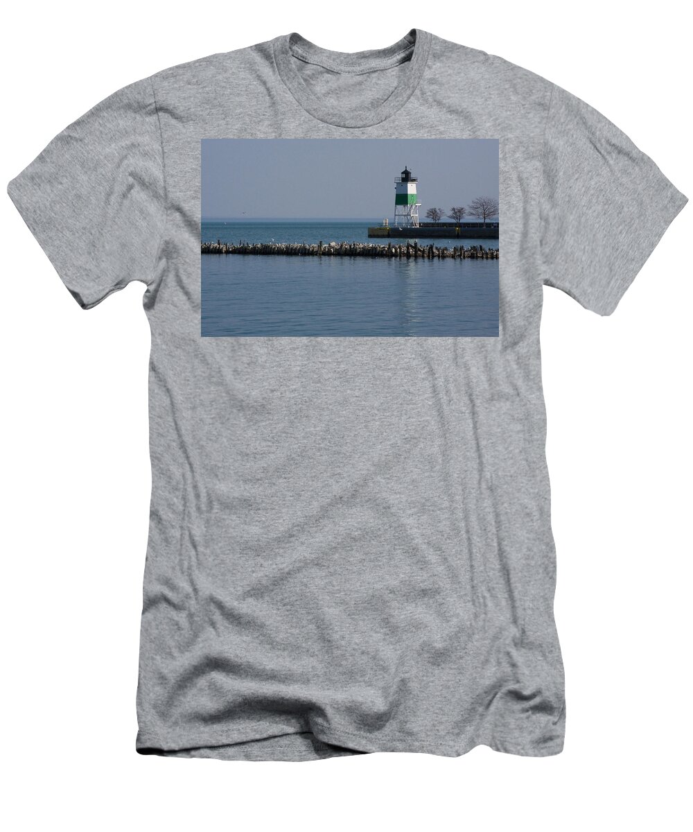 Chicago Lake Michigan Windy City Lighthouse Bird Gulls Water Blue Sky T-Shirt featuring the photograph Looking Far by Andrei Shliakhau