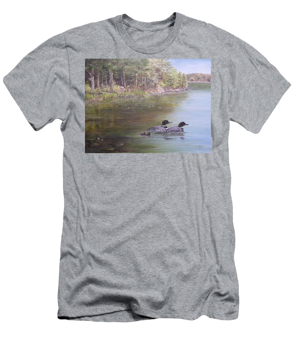 Loon T-Shirt featuring the painting Loon Family 1 by Jan Byington