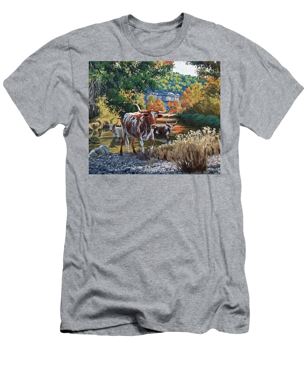 Texas T-Shirt featuring the painting Lost Maples Watering Hole by Russell Cushman
