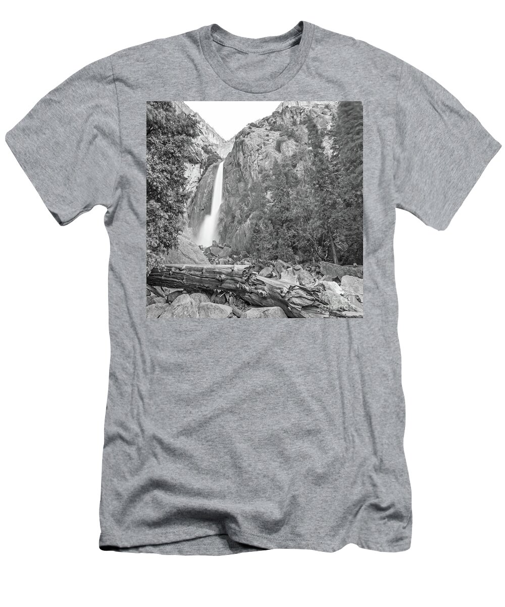 Lower Yosemite Falls In Black And White By Michael Tidwell T-Shirt featuring the photograph Lower Yosemite Falls in Black and White by Michael Tidwell by Michael Tidwell