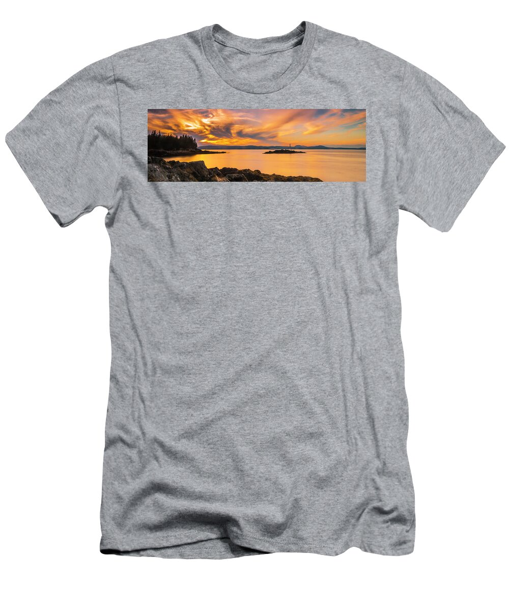 Maine T-Shirt featuring the photograph Maine Rocky Coastal Sunset in Penobscot Bay Panorama by Ranjay Mitra