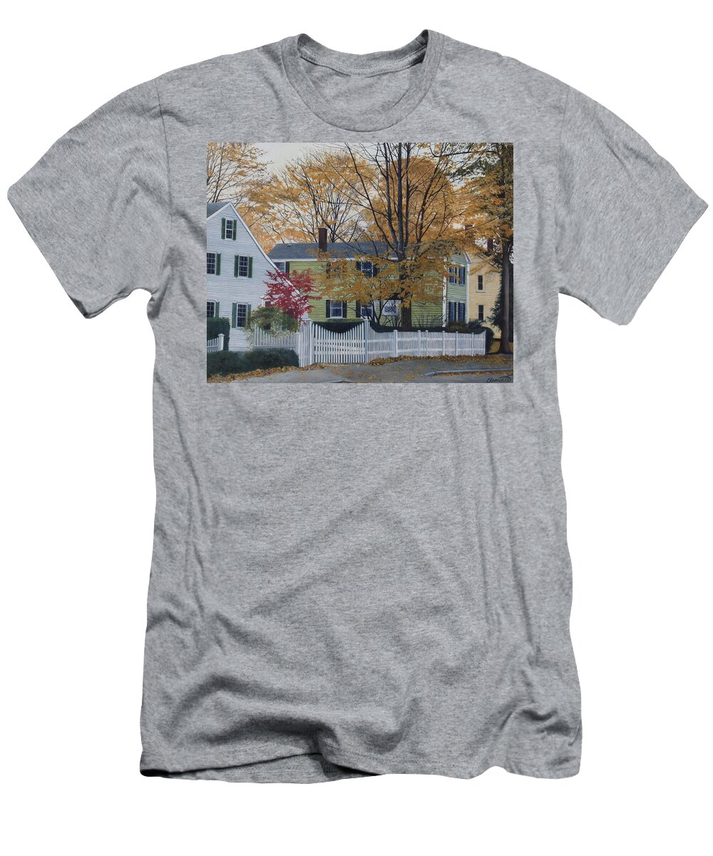 Kennebunkport T-Shirt featuring the painting Autumn day on Maine Street, Kennebunkport by Barbara Barber