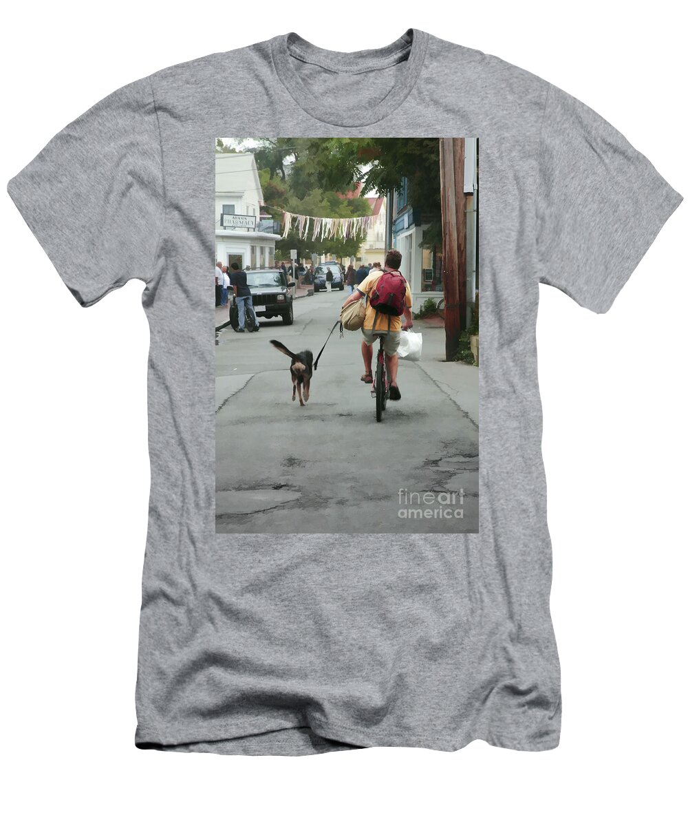 Bicycle T-Shirt featuring the digital art Man Cycling with Dog in Provincetown Massachusetts by William Kuta