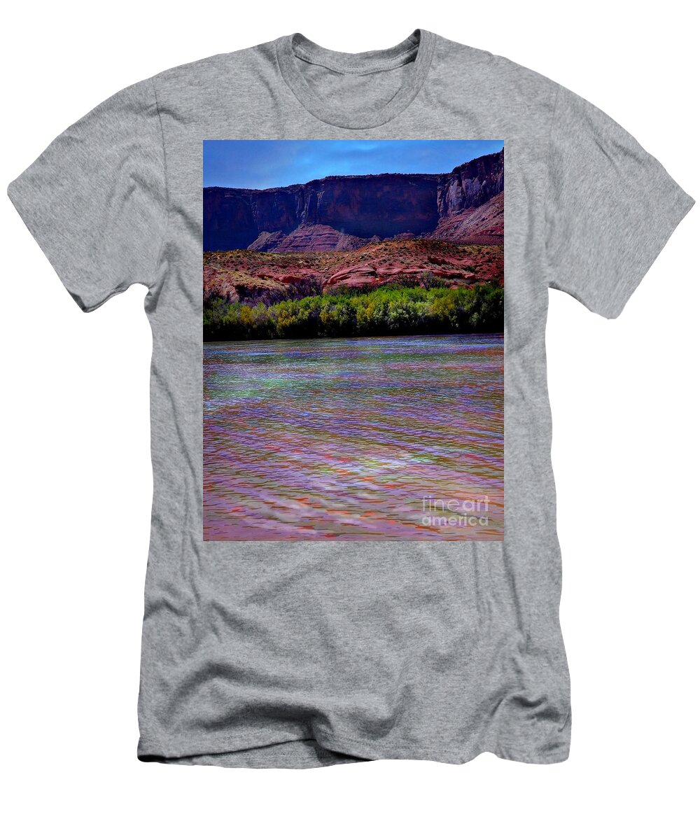 Reflections Of Many Colors In Colorado River Near Onion Creek Utah T-Shirt featuring the digital art Many colors in Colorado River by Annie Gibbons