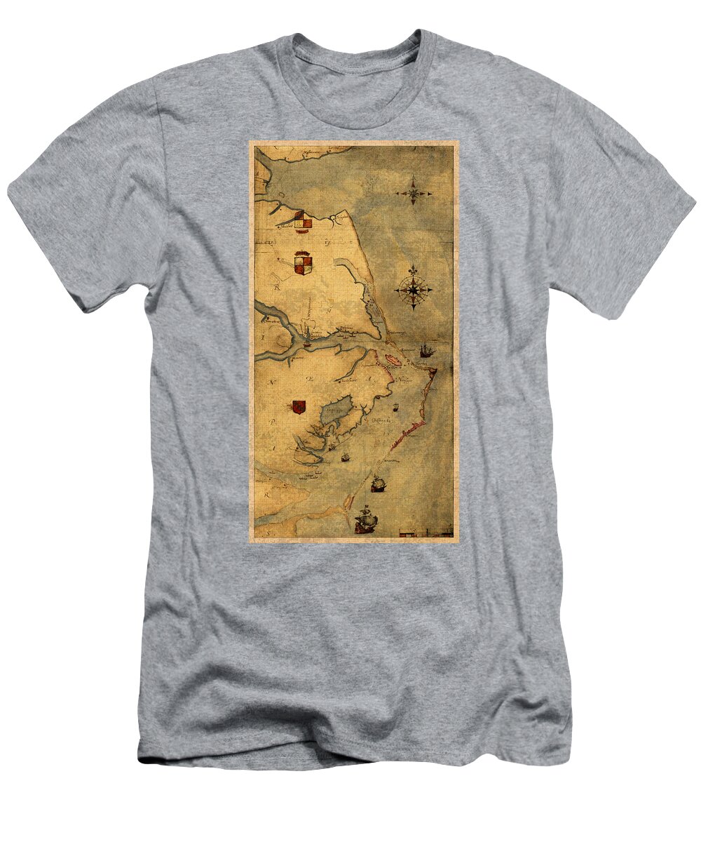 Map Of Outer Banks T-Shirt featuring the mixed media Map of Outer Banks Vintage Coastal Handrawn Schematic on Parchment Circa 1585 by Design Turnpike