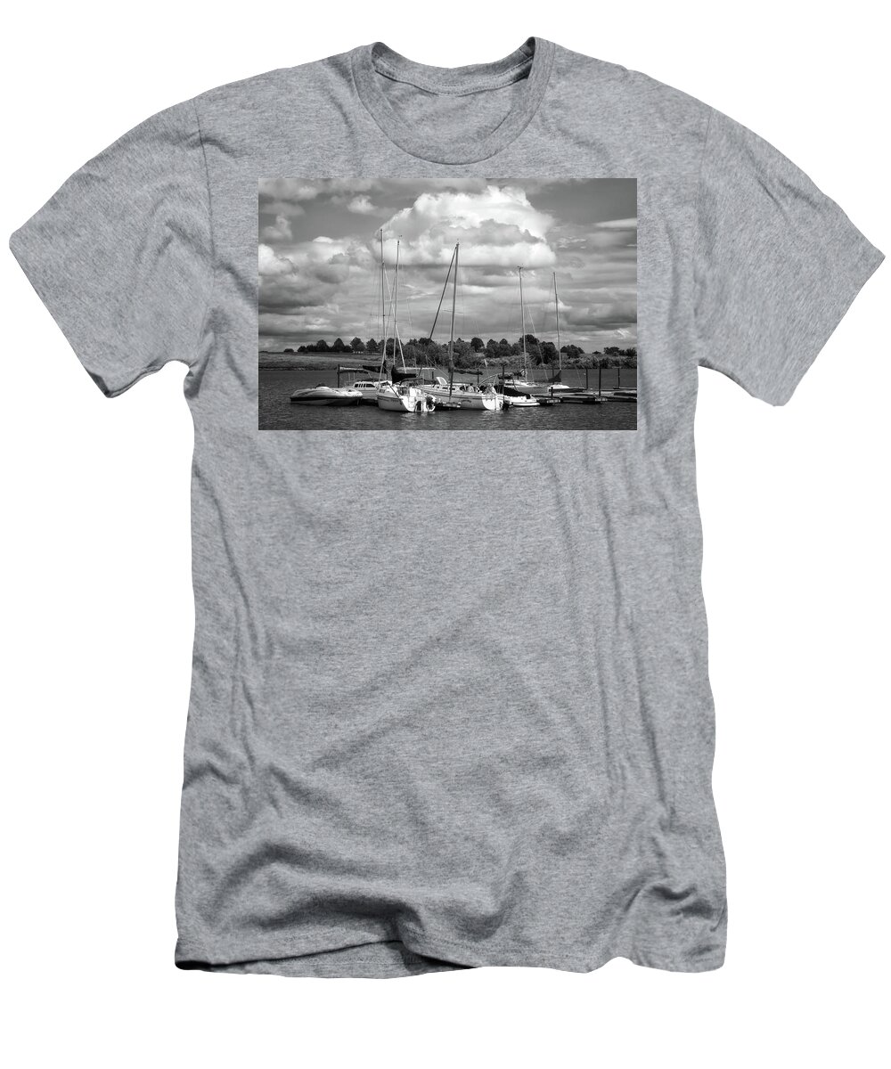 Boats T-Shirt featuring the photograph Marina - Branched Oak Lake - Black and White by Nikolyn McDonald