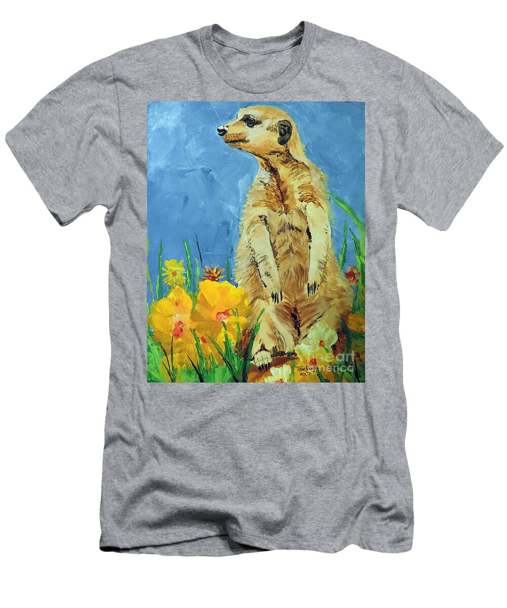 Meerkat T-Shirt featuring the painting Meerly Curious by Tom Riggs