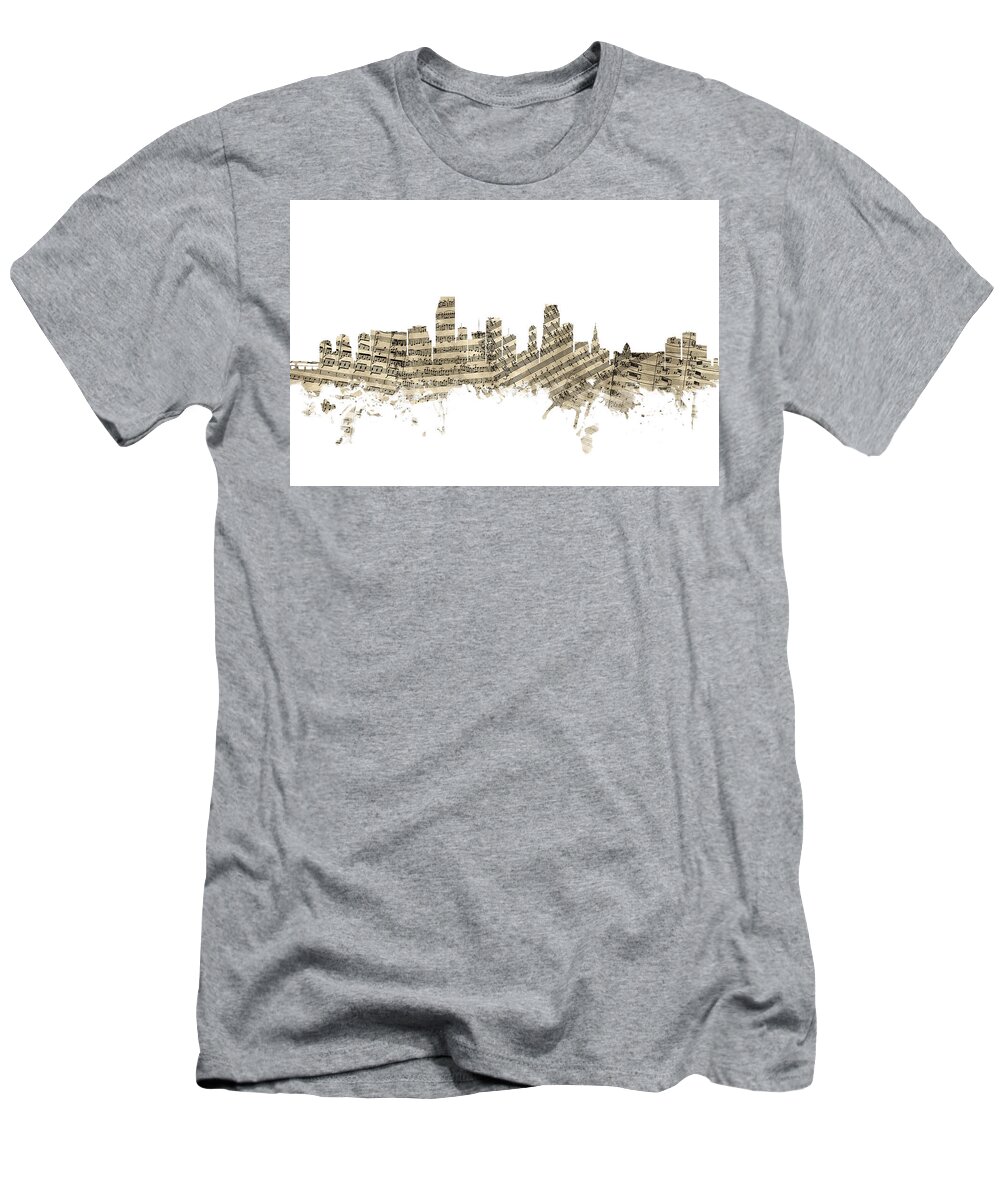 Miami T-Shirt featuring the digital art Miami Florida Skyline Sheet Music by Michael Tompsett