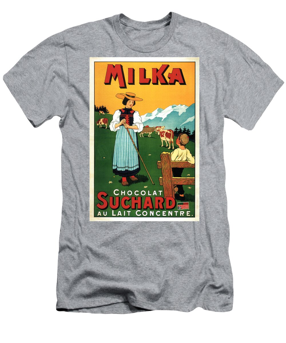 Milka T-Shirt featuring the mixed media Milka - Chocolat Suchard - Swiss Milk - Vintage Advertising Poster by Studio Grafiikka