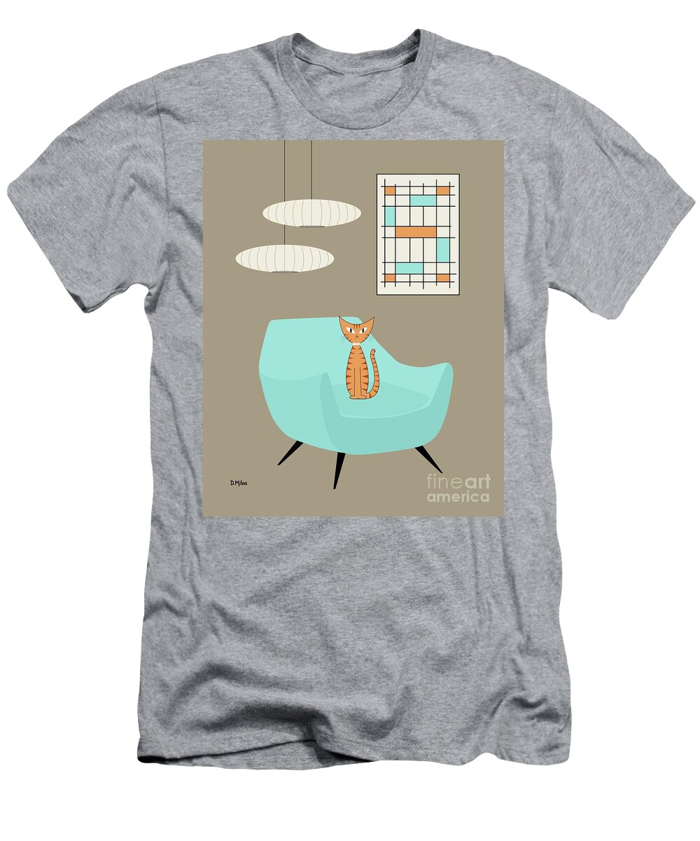 Mid Century Modern T-Shirt featuring the digital art Mini Abstract Blue Chair Orange Cat by Donna Mibus