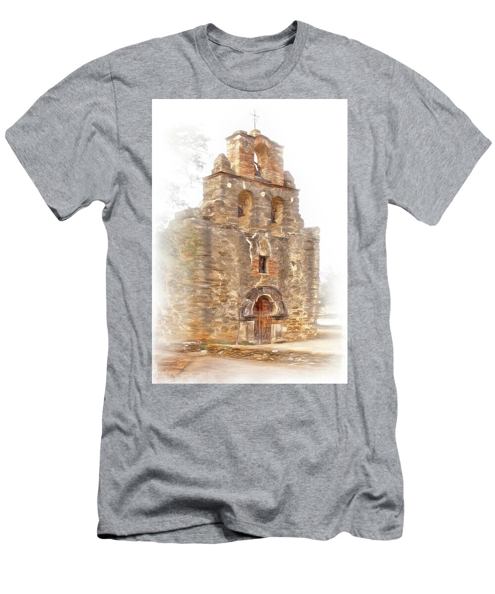 Church T-Shirt featuring the photograph Mission San Francisco de la Espada in Faux Pencil Drawing by David and Carol Kelly