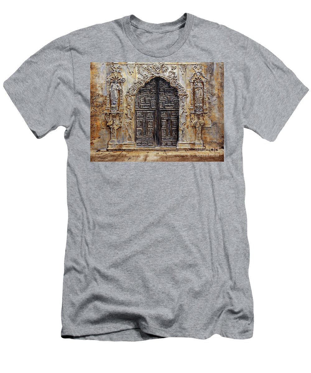 Mission Churches T-Shirt featuring the painting Mission San Jose Church Entrance by Joey Agbayani