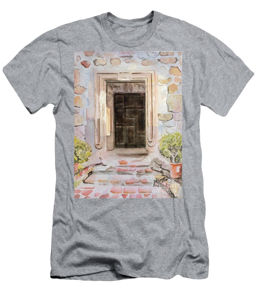 Watercolor T-Shirt featuring the painting Mission San Juan Capistrano by Jackie MacNair