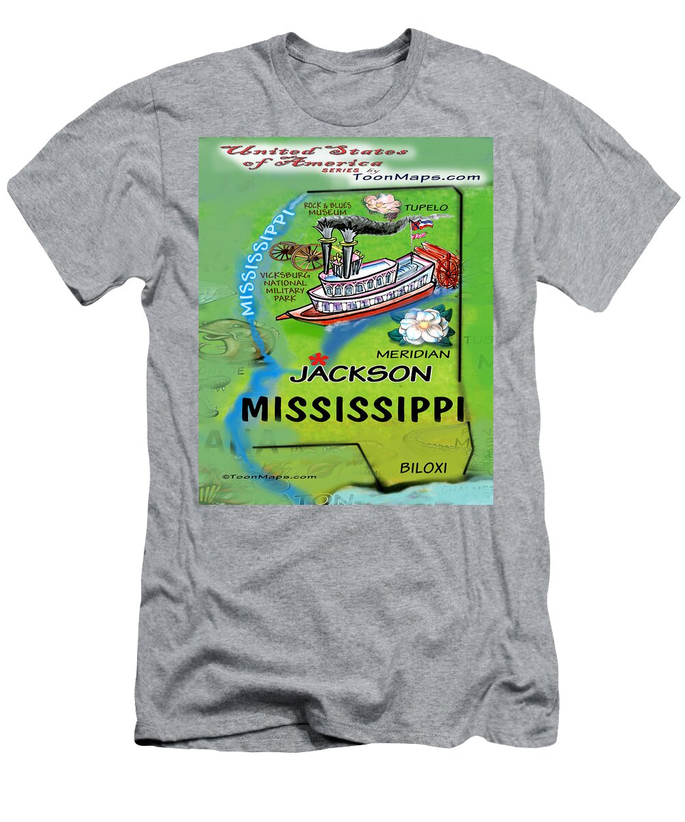Mississippi T-Shirt featuring the digital art Mississippi Fun Map by Kevin Middleton