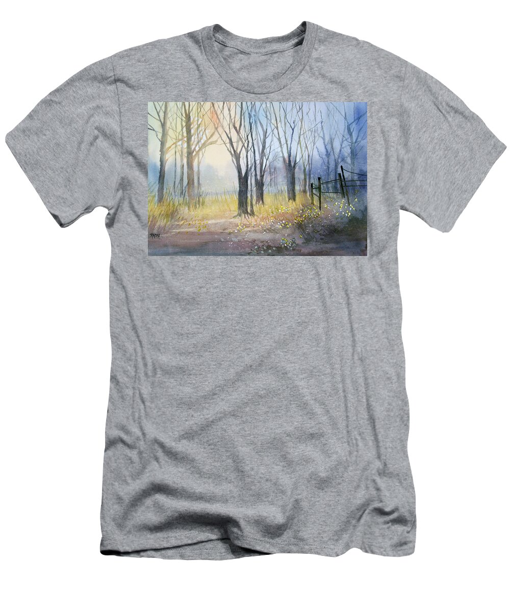 Watercolor T-Shirt featuring the painting Misty Morning by Ryan Radke