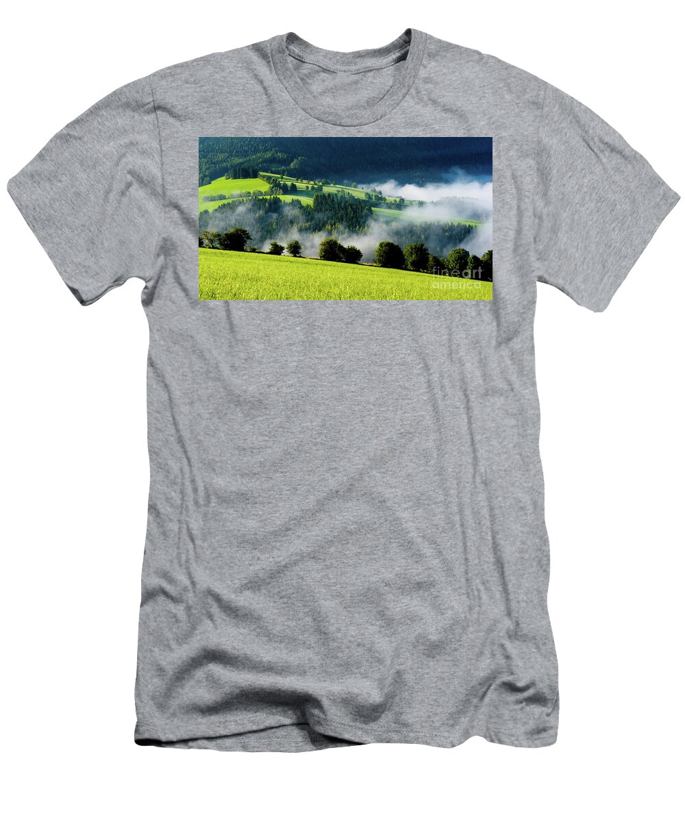 Austria T-Shirt featuring the photograph Misty valley in Austria by Andreas Berthold