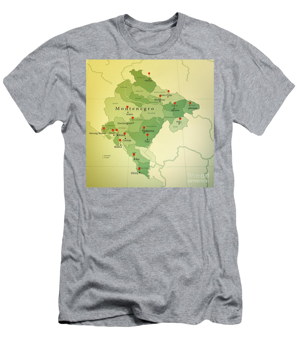 Cartography T-Shirt featuring the digital art Montenegro Map Square Cities Straight Pin Vintage by Frank Ramspott