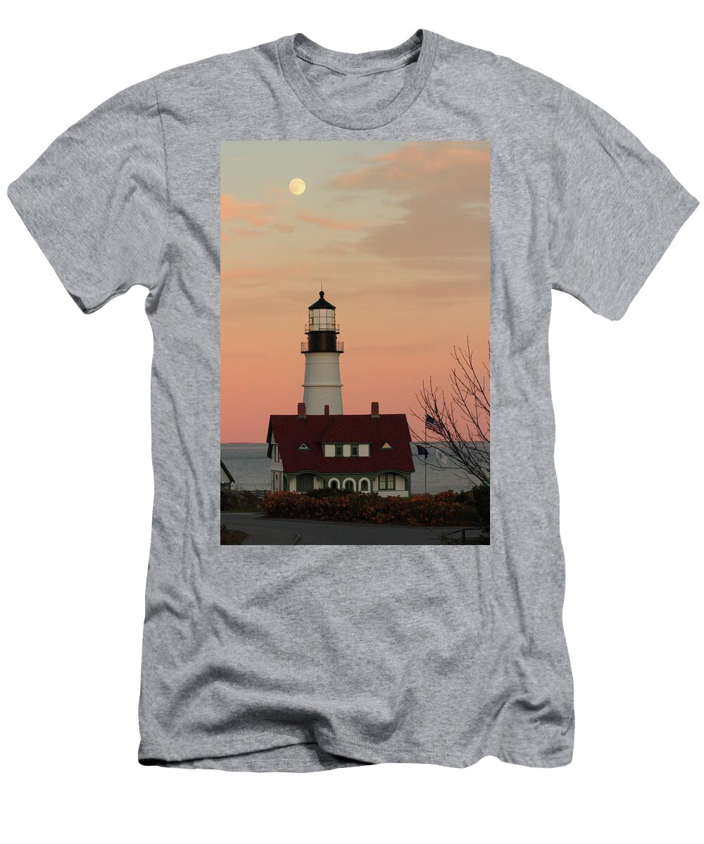 Coastal T-Shirt featuring the photograph Moon over Portland Head Lighthouse by Lou Ford