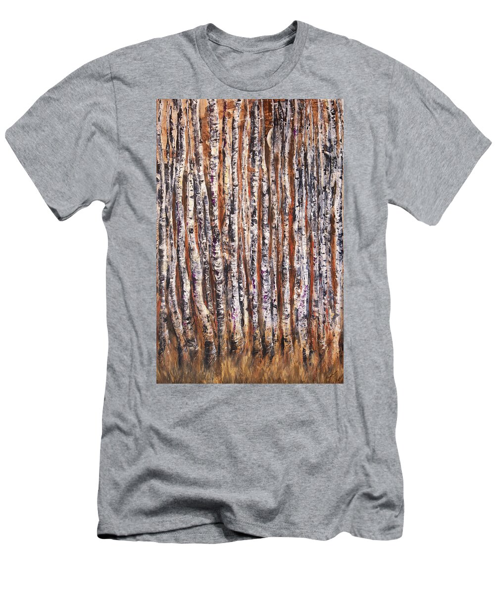 Aspens T-Shirt featuring the painting Moonlight Aspens by Sheila Johns