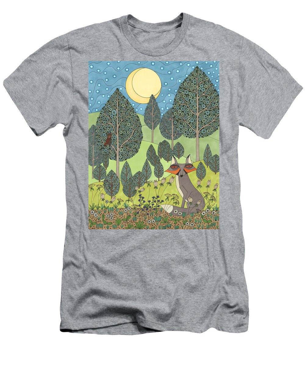 Fox T-Shirt featuring the drawing Moonlit Meadow by Pamela Schiermeyer