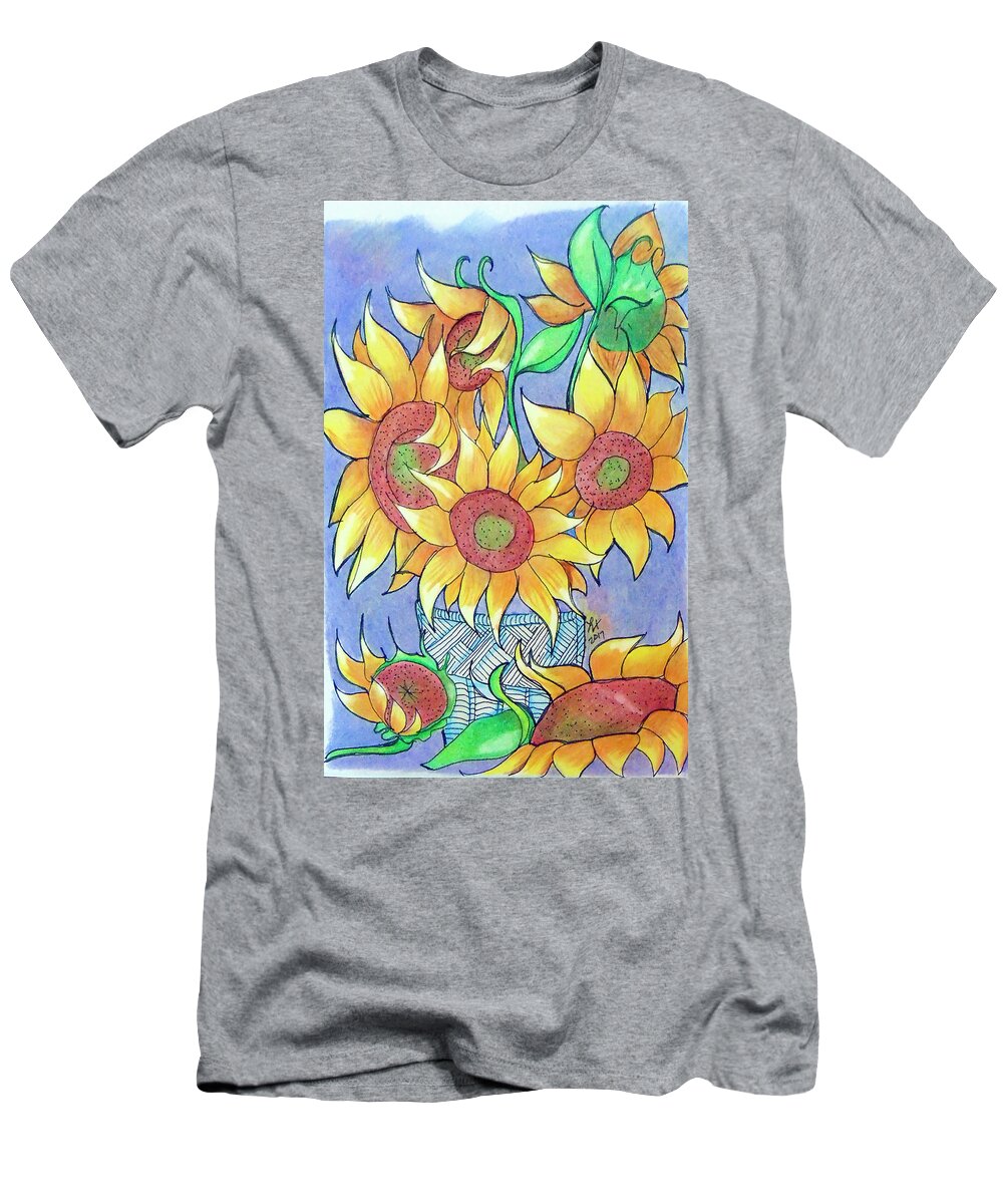 Sunflower T-Shirt featuring the drawing More Sunflowers by Loretta Nash
