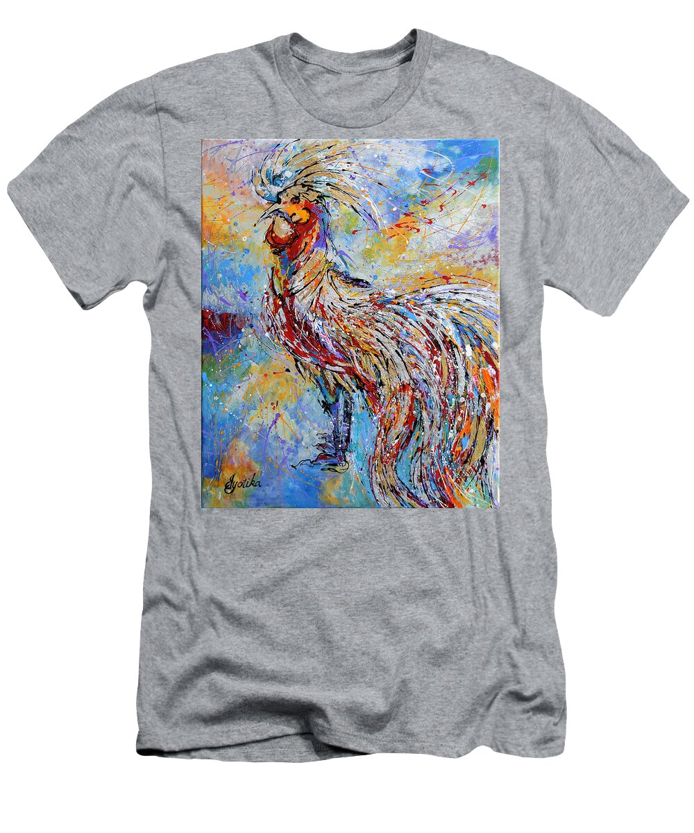 Long Tail Rooster T-Shirt featuring the painting Morning Call by Jyotika Shroff