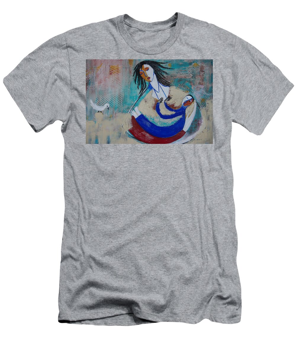 Mother T-Shirt featuring the painting Mother and the child by Sima Amid Wewetzer