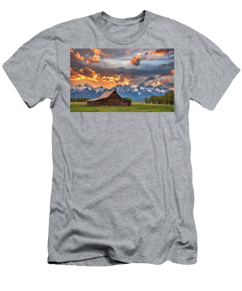 Moulton Barn T-Shirt featuring the photograph Moulton Barn Sunset Fire by Darren White