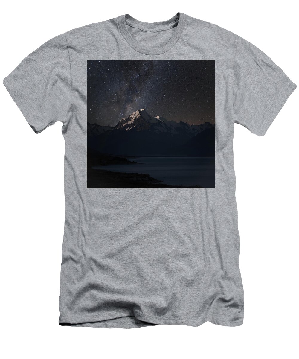 Mount Cook T-Shirt featuring the photograph Mount Cook and lake Pukaki at night by Martin Capek
