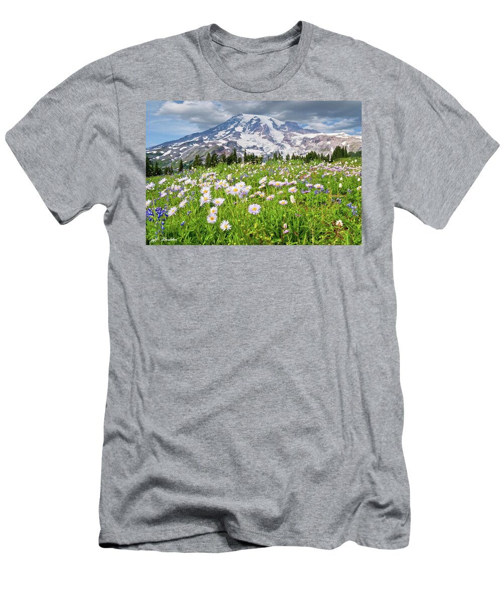 Alpine T-Shirt featuring the photograph Mount Rainier and a Meadow of Aster by Jeff Goulden