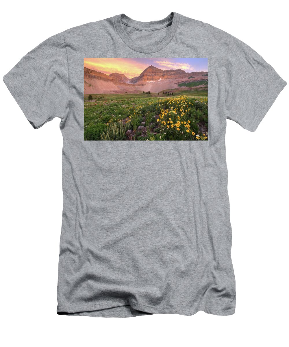 Utah T-Shirt featuring the photograph Mount Timpanogos Wildflower Sunset - Utah by Brett Pelletier