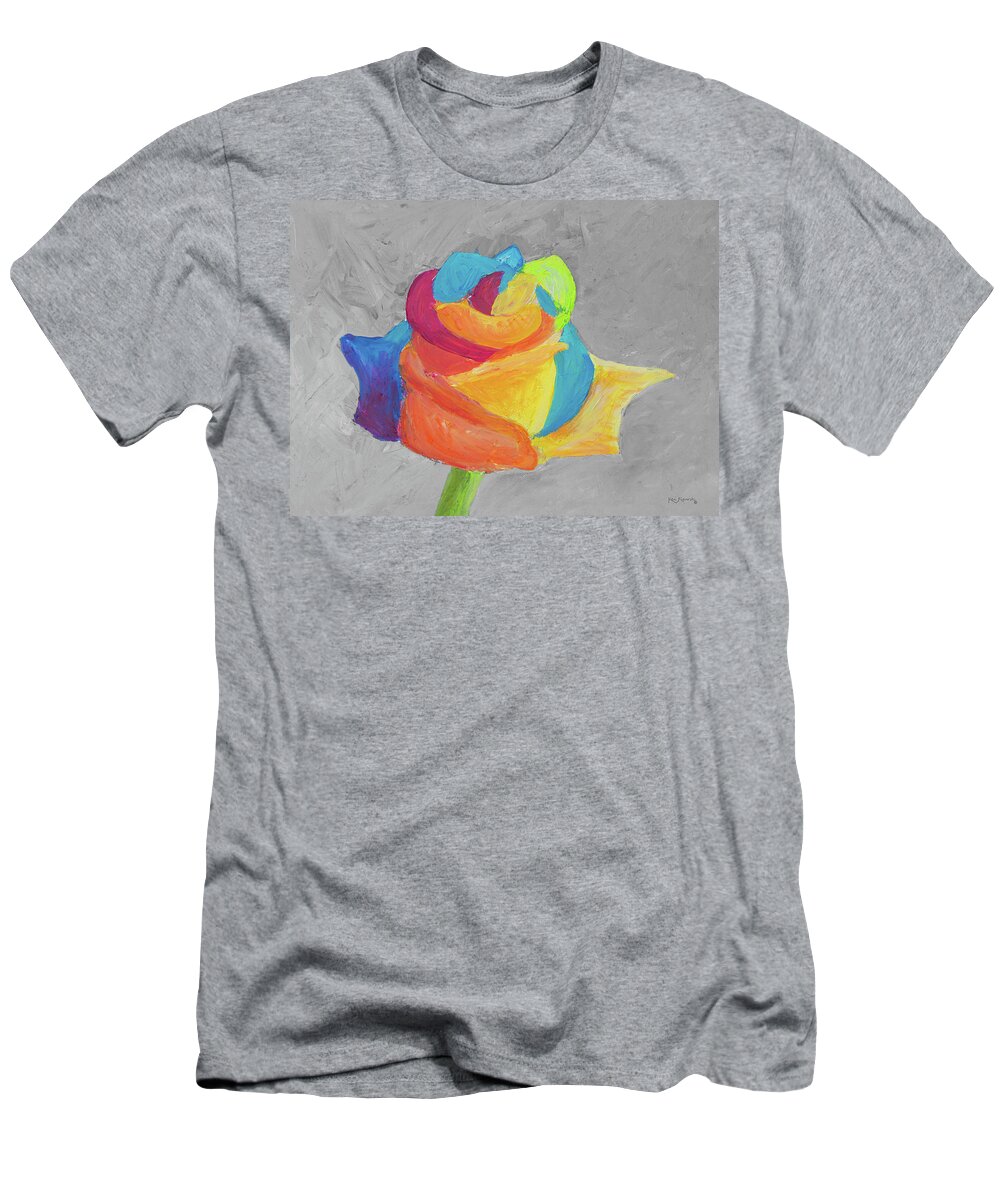 Hibiscus T-Shirt featuring the painting Multi Color Rainbow Rose by Ken Figurski