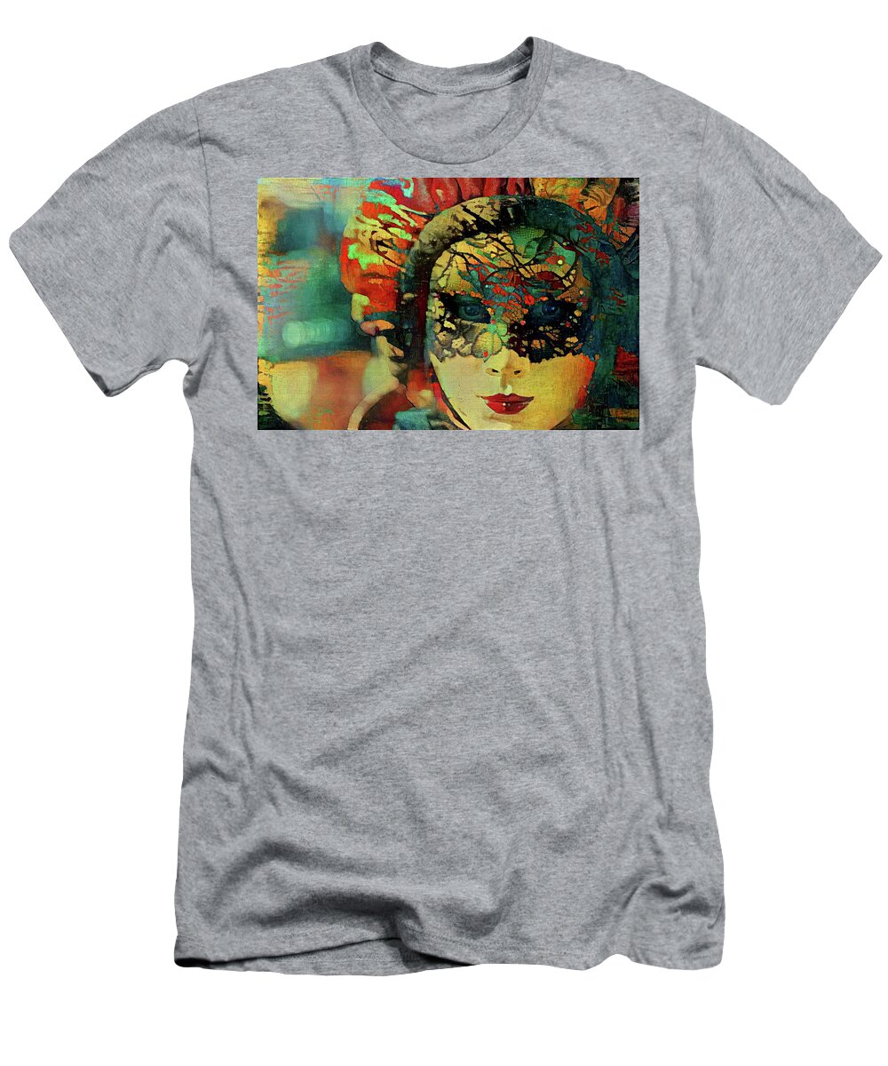 Mysterious T-Shirt featuring the mixed media Mysterious mask by Lilia D